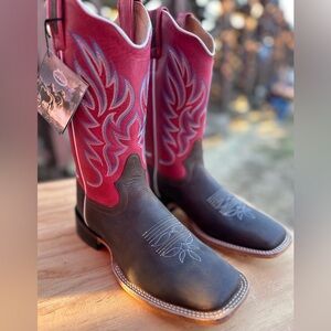 Old West Womens Brown/Fuchsia Waxy Leather Boots-Size 9.5